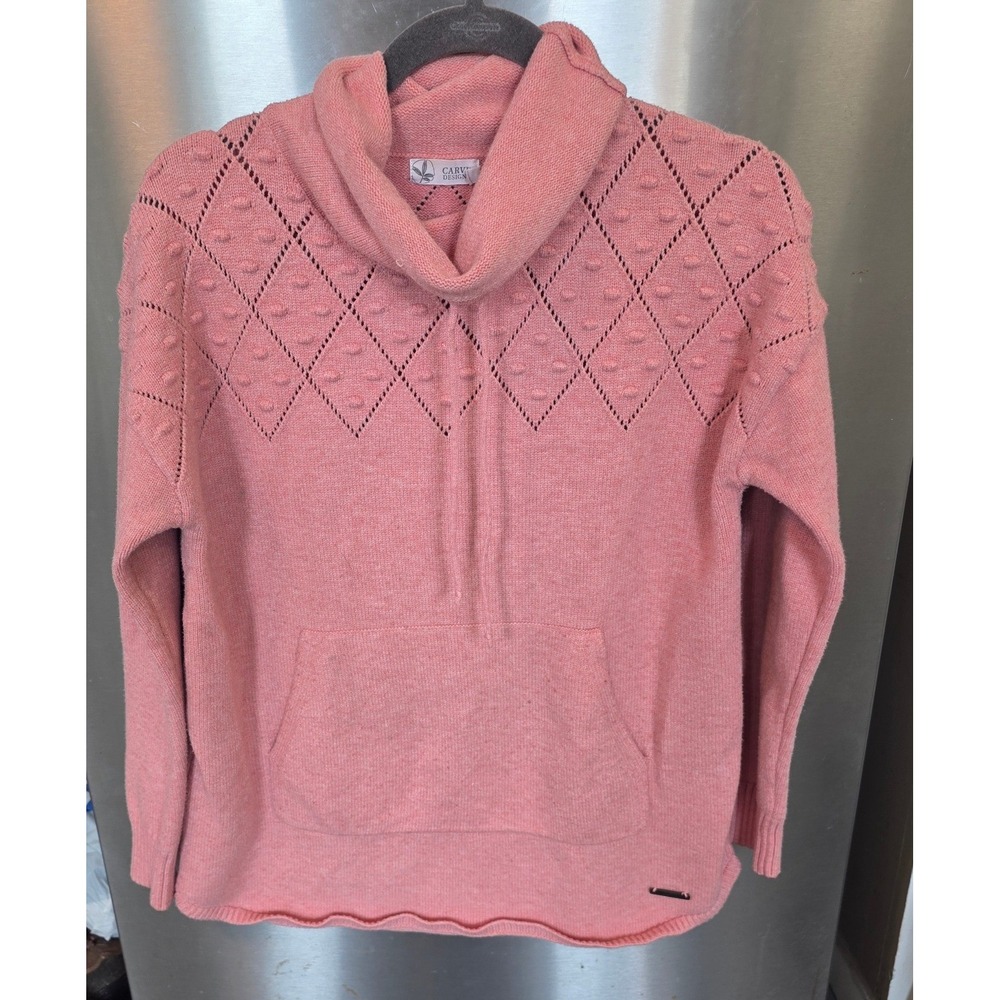Carve Designs Women M Cowl Neck Sweater Pink Pointelle Diamond Bobble Knit